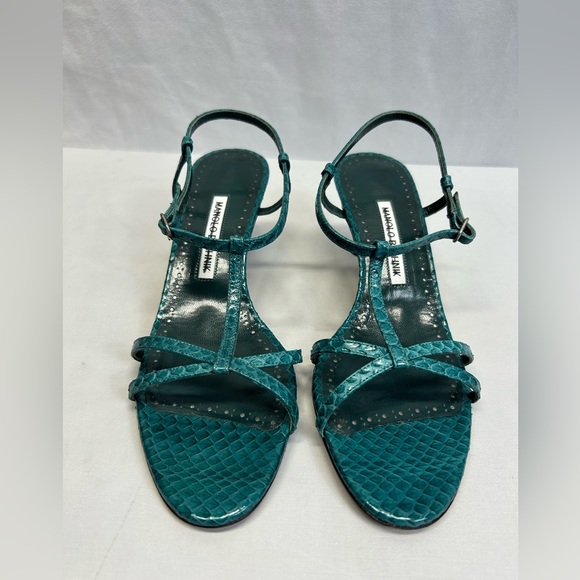 Manolo Blahnik Shoes - Manolo Blahnik Teal Snakeskin Open Toe Strappy heels Sandals Sz 8.5